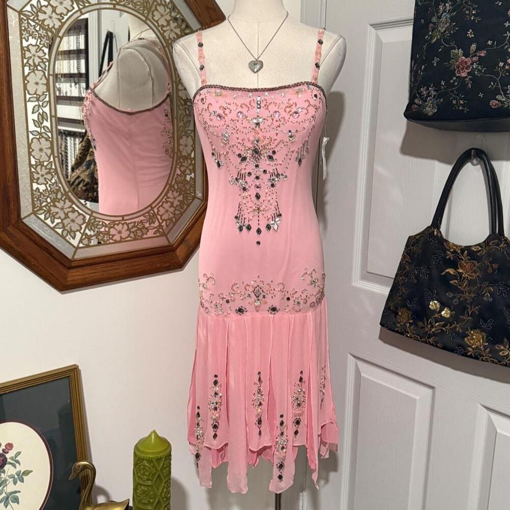 NWT VTG Y2K Sue Wong Nocturne Pink Silk & Silver Beaded Sequin Fairycore Dress